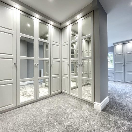 4 panel Santana in light grey walk through dressing area with hidden features, Hollywood dressing unit & shoes & bags unit, these features are a massive hit with our amazing customers